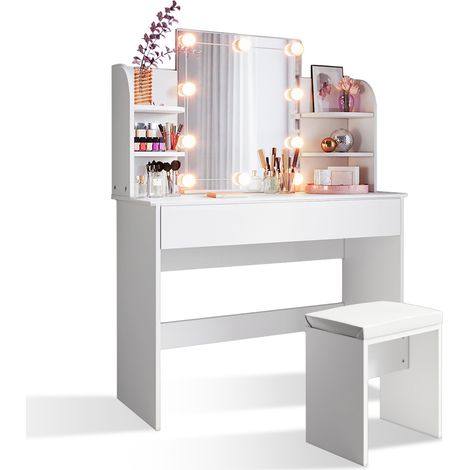 SONNI Schminktisch mit Beleuchtung Spiegel und Hocker 108x40x140cm Weiß Kosmetiktisch 3 Lichtmodi 10 Helligkeiten Speicherfunktion