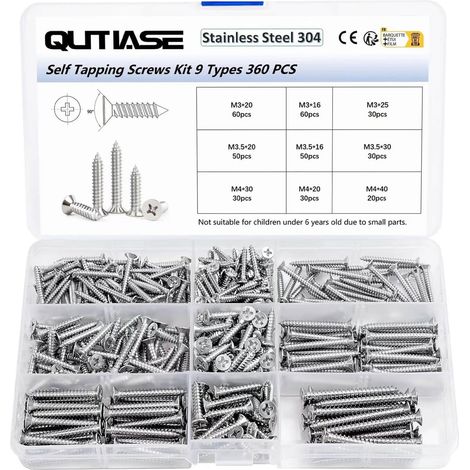 Lot de 360 Vis à Bois Autotaraudeuses Universelles, Vis à Bois Inox Tête Fraisée Cruciforme, M3 M3,5 M4 Filetage Complet, 16/20/25/30/40 mm en Acier Inoxydable 304 (1/5)