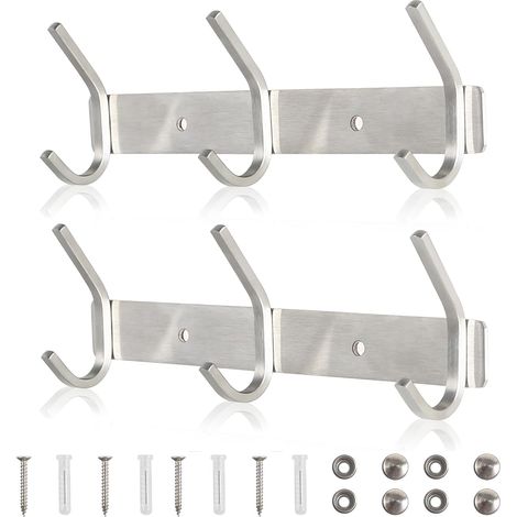 Lot de 2 porte-manteaux muraux argentés avec 3 crochets en acier inoxydable, charge maximale 30 kg, pour salle de bain, couloir, cuisine, jardin, vestes, serviettes, style moderne. (1/5)