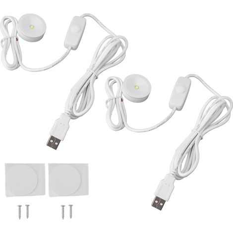 Ortviai Spot LED dimmable 5 V USB pour vitrine, bijouterie ou meuble – Lot de 2 projecteurs ronds blancs, aluminium, câble 2 m
