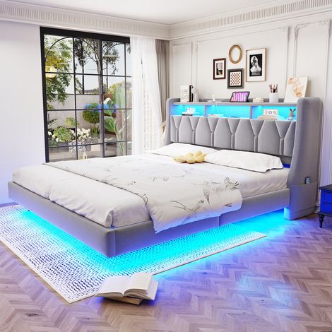 Lit flottant rembourré 180x200 cm velours gris clair,tête de lit rabattable,rangement et douille,LED,pieds larges,sans matelas (1/5)