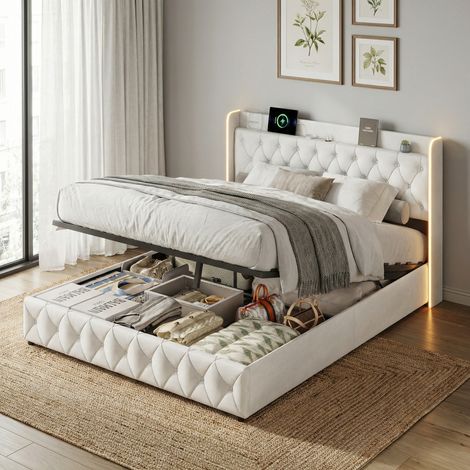 Letto contenitore 160x200, porte USB/Type-C, letto matrimoniale con illuminazione LED RGB, letto per adulti con apertura idraulica, testiera con contenitore, velluto, scandinavo(160x200cm, Bianco)