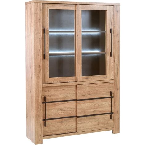 Vitrine 4 Portes aspect chêne naturel et noir mat + éclairage led - CARVIK (1/5)