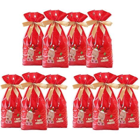 Lot de 10 sacs cadeaux de Noël avec motif de cerf rouge, pour bonbons et biscuits. Pochettes cadeaux à cordon, idéales pour les fêtes de Noël.-M