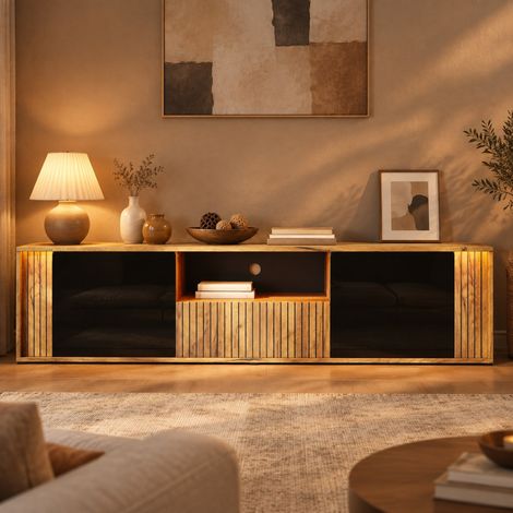Mueble TV LED de 180 cm con 2 puertas, cajón y estantes abiertos, para pantallas de hasta 75 pulgadas, en negro y madera clara, gestión de cables CHICFURN (1/5)