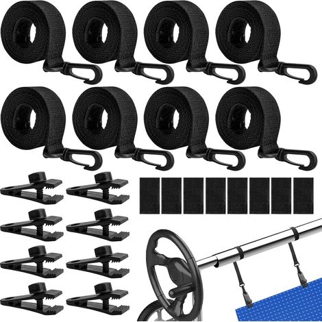 Enrouleur de piscine, lot de 8 sangles de maintien avec sangles de fixation et pinces, accessoires pour système d'enroulement mobile, film solaire mobile pour bâches de piscine, couvertures (1/5)
