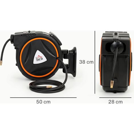 Enrouleur de tuyau rétractable automatique, longueur 20 m, pression maximale 300 bars, montage mural, rotation à 180°, noir et orange. (1/5)