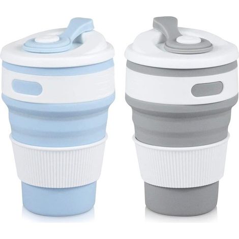 2 pezzi - 350 ml - Blu e grigio - Tazza da viaggio pieghevole in silicone - Tazza da viaggio pieghevole - Tazza da campeggio - Tazza in silicone pieghevole - Tazza pieghevole con coperchio - Tazza da  (1/5)