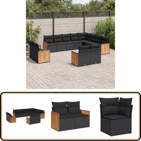 Salon de jardin 12 pcs avec coussins noir résine tressée - Ensemble Salon De Jardin - Meuble Extérieur - Salon De Jardin Design - Fauteuil De Jardin - Table Basse Jardin