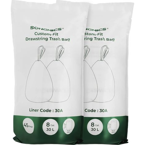 Sacs poubelle avec poignées, volume 30L, sur mesure, Sacs à ordures pour double poubelle 60L, code du sac 30A, 2 rouleaux, 90 sacs, résistant, étanche, pour cuisine, Blanc KRB30A02 par SONGMICS (1/5)