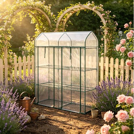 Serra da balcone 3 livelli 143x46x165 cm in acciaio e PVC trasparente, 2 porte – MEUBLIV (1/5)
