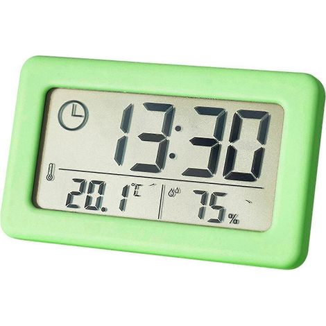 Horloge numérique LCD de bureau simple avec fonction température, adaptée aux bureaux et aux dortoirs (verte). (1/4)