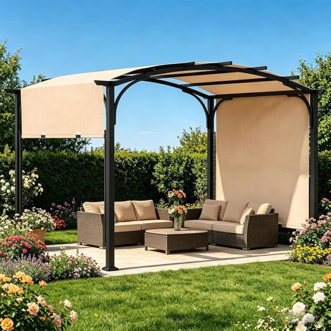 3 x 2,5 M Pergola Jardin Extérieur en Métal avec Toit Coulissant  Pergola de Jardin avec Auvent en Arche Rétractable, Polyester Imperméable, Pavillon Étanche pour Terrasse, Piscine, Véranda (1/5)