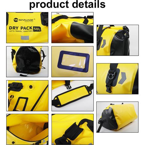 MARJAQE 50L moto sac sec queue bagage PVC étanche polochon pour moto Camping canotage pêche kayak (1/5)