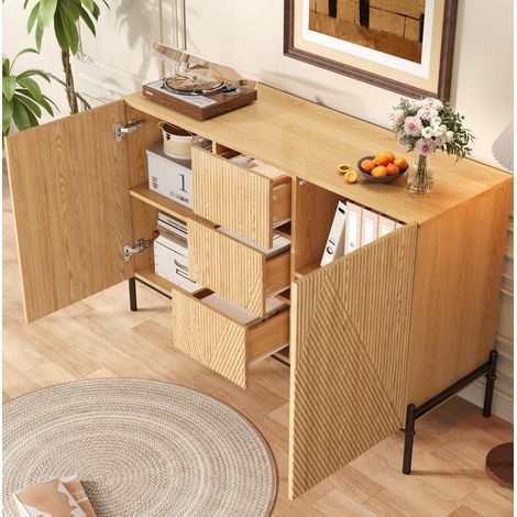 Buffet en MDF coloris naturel 115,5 cm avec 2 portes, 1 tiroir central et pieds en fer (1/5)