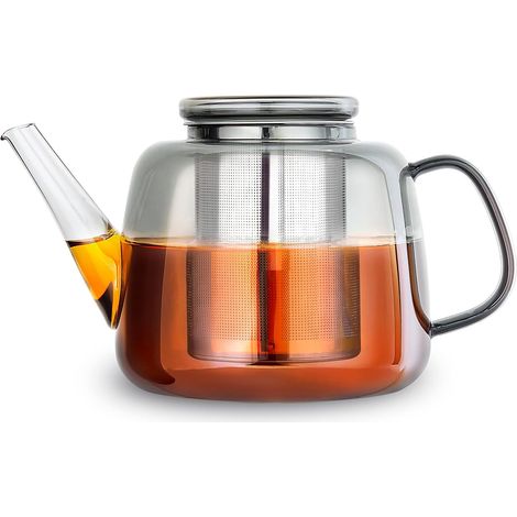 Théière en verre borosilicaté 1500 ml avec grand infuseur amovible en acier inoxydable pour thé en vrac, herbes et infusions, gris fumé (1/5)