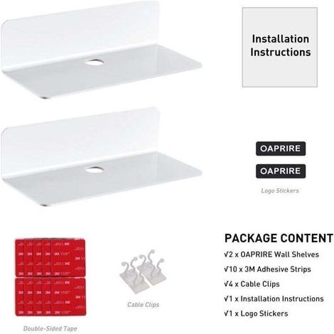 pair Etagere Murale Blanche Lot de 2, Agrandissez Facilement l'espace Mural - 22,9cm Etagere sans percer en Acrylique pour Chambre, Salle de Bains, Cuisine, Salon, Bureau, avec 4 Clips Câble