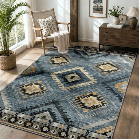 JSSEVN - Alfombra lavable a máquina para salón, 120x180 cm, antideslizante, estilo marroquí, ideal para salón, pasillo, dormitorio y cocina, color gris azulado. (1/5)
