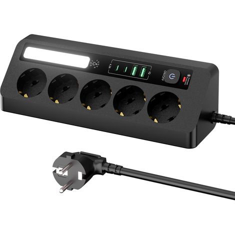 Multiprise de table 5 prises avec 4 ports USB (2 ports USB A + 2 ports USB C),prise d'angle avec interrupteur et câble de 1,8 m pour bureau (noir) (1/5)