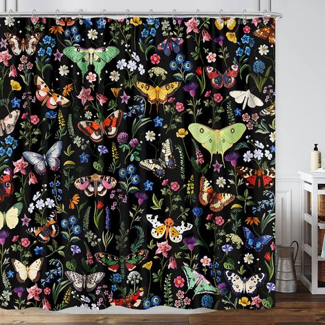 Lot de 12 Rideaux de Douche bohèmes, Papillons et Fleurs botaniques, Rideaux de Douche en Tissu Noir, Moderne, esthétique, Chic, Accessoires de Salle de Bain, 152,4 x 182,9 cm (1/5)