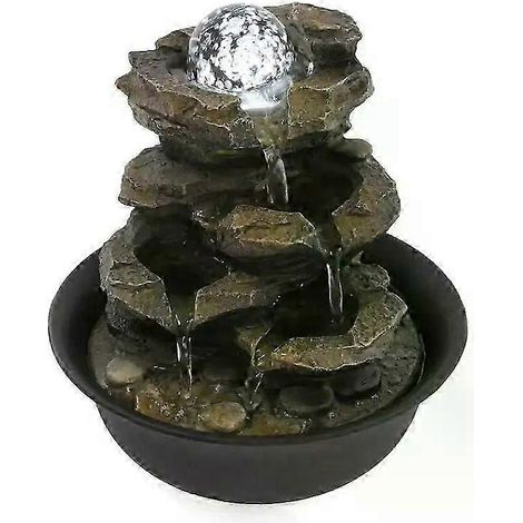Tischbrunnen mit vierstufigem Wasserfall aus Kunstharz und LED-Beleuchtung (Feng Shui, Büro, Schreibtisch, Zimmer) – JXLGV (1/5)