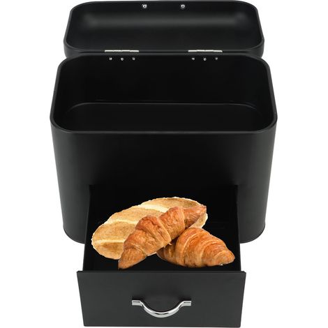 Boîte à Pain en Métal - Large Farmhouse Bread Container avec 2 Plateaux - Capacité XL pour Pain, Bagels, Cookies - Noir - Dimensions 30x18x26cm (1/5)