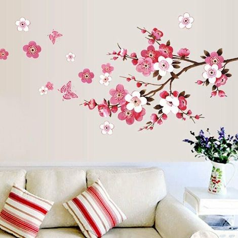 Stickers muraux FLEURS DE CERISIER avec papillons rose rouge (120x50 cm) I sakura vigne floral branche arbre autocollant sticker mural pour salon chambre cuisine carrelage couloir (1/5)
