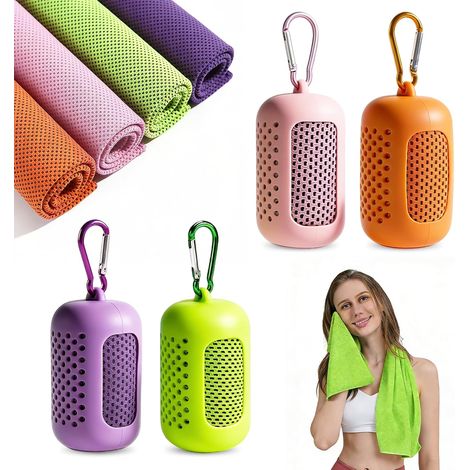 Serviette Rafraîchissante 4 Pièces,Cooling Towel Serviette Froide Microfibre Séchage Rapide,Refroidissement Instantané,Serviette Sport Fitness Yoga Running 30x90 cm avec Étui Silicone