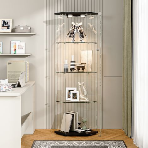 Vitrine en verre noir avec éclairage d'ambiance LED réglable, 60x42x162 cm, une porte, étagères réglables, serrure, poignée, base pentagonale (1/5)