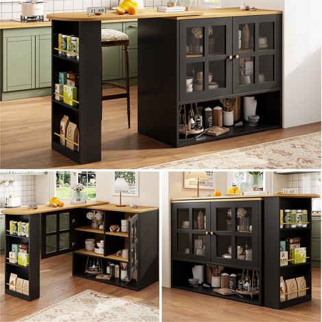Bar à manger rotatif 360° moderne multifonctionnel,5 étagères avec rangement à snacks,structure verre noir adapté chambre salon salle à manger.