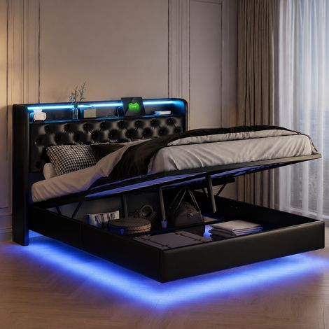 Schwebebett 160x200 cm mit LED-Beleuchtung, Kopfteil mit Stauraum und USB-C-Anschlüssen, PU-Kunstleder, Lattenrost, Schwarz (1/5)