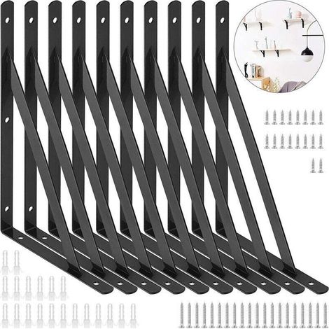 Paquet de 10 supports muraux, trépied robuste, equerre etagere murale,support d'étagère à 90 degrés, 150 x 95 mm (noir) (1/4)