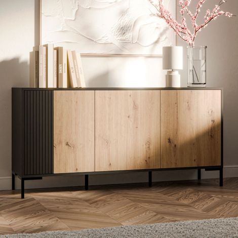 Buffet 150 cm 3 portes noir et bois Polo (1/5)