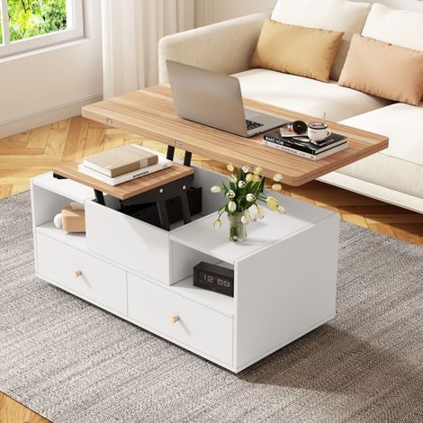 Table basse 100x50x47.5 cm réglable en hauteur, 4 tiroirs, avec roulettes, couleur bois naturel blanc (1/5)