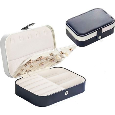 Petit coffret à bijoux de voyage en cuir pour femme, étui de rangement pour bagues, boucles d'oreilles et colliers, cadeau - Bleu foncé (1/5)