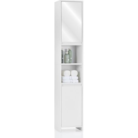 Mirrored Bathroom Tall Cabinet, 30x30x163cm Bathroom Storage Cabinet with 2 Cupboards and 2 Open Compartments, 4 Shelves Adjustable (1/5)