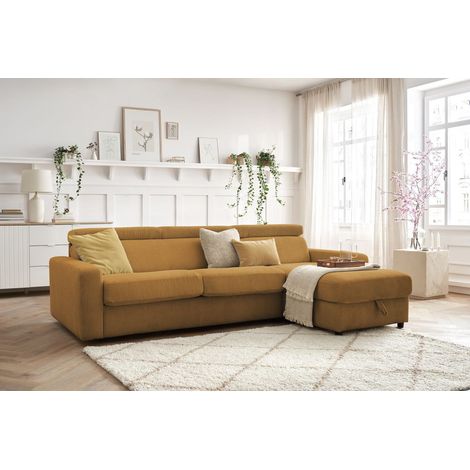 BOBOCHIC - Canapé d'angle réversible convertible coffre MONACO velours côtelé Réversible 140x190 Jaune (1/5)