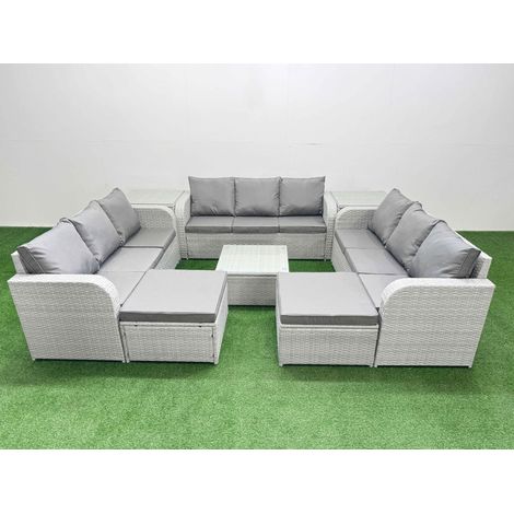Fimous PE Rattan Lounge Sofa Set 11 Seater Outdoor Garden Furniture Set with Square Coffee Table 3 Seater Sofa 2 Big Footstools 2 Side Table Light Grey (1/4)