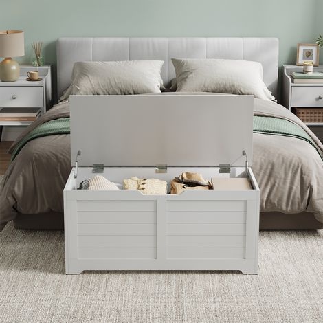 Banc de rangement, style maison de campagne, avec double charnières de sécurité, coffre rustique pour couvertures, organisateur de chaussures, Blanc (1/5)