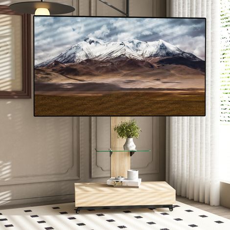 Mueble para TV móvil de MDF y metal color madera natural, para televisores de 32 a 75 pulgadas, con ruedas, cajón y balda ajustable (1/5)