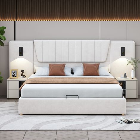 Lit double 180x200 cm en velours beige, sommier coffre hydraulique, tête de lit surélevée, lampe flexible intégrée, prise USB, design moderne et pratique (1/5)
