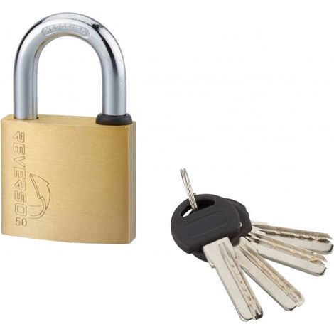 Cadenas à clé Reverso, laiton, extérieur, anse acier, 50mm, 4 clés - (1/2)