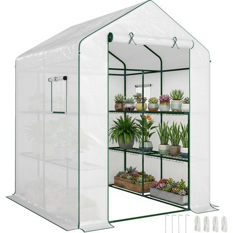 Serra giardino 140x143x190 cm, 1 porta, 2 finestre, 3 ripiani, copertura PE, bianca