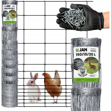 Clôture en grillage forestier, hauteur 150/15/30 L, 50 m, pour poules, lièvres et chevreuils (offerte).