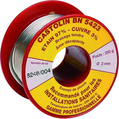 Castolin – Fil brasure tendre étain 97% cuivre 3% – Âme décapante – Ø2mm – 250g – Assemblage capillaire plomberie