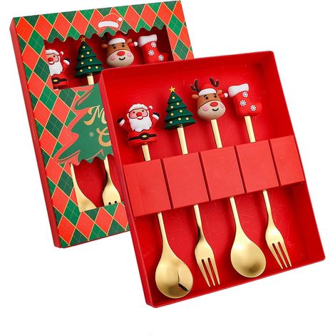 Cuillère À Dessert - Fourchette À Dessert - En Acier Inoxydable - Pour Fêtes De Fin D'Année - Lot De 4 Pièces (1/3)