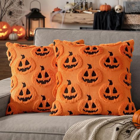 2 Pack Halloween Cushion Covers 45x45 Orange Ghost Pumpkin (1/5)