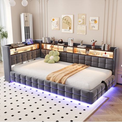 Letto divano imbottito 90x200 cm moderno, velluto grigio, contenitore idraulico, mensole in legno, LED e prese USB/Type-C (1/5)