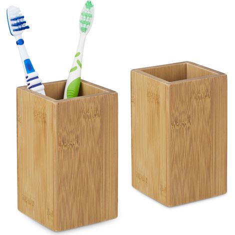 2x Bamboo Square Toothbrush Holder, Natural Design, Size: 11.5 x 6.5 x 6.5 cm, Natural