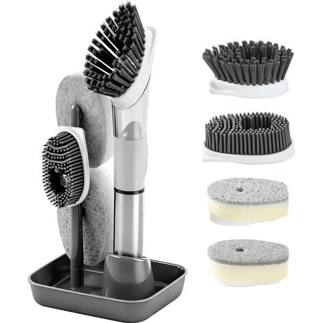 Brosse à vaisselle 4 en 1 avec réservoir d'eau intégré et tête de grattage pour casseroles et vaisselle - Grise (1/5)